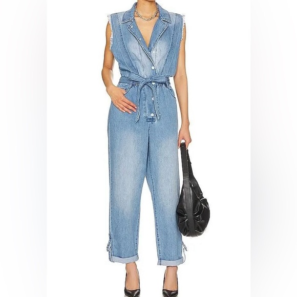 BlankNYC NWT Distressed Sleeveless Tie Waist Denim Jumpsuit